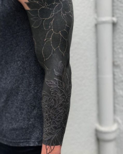 Blackout Sleeve With White Ink, Black Out Tattoo With White Ink, Black And White Tattoos For Men, Black And White Ink Tattoos, White Ink Over Black Tattoo, Blackout Tattoo With White Ink, Blackout Tattoo Design, White Over Black Tattoo, Black Sleeve Tattoo