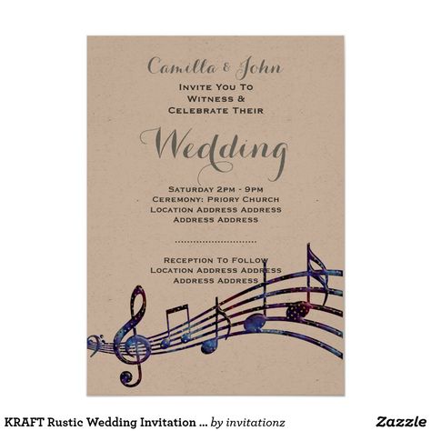 KRAFT Rustic Wedding Invitation Music Theme Music Theme Wedding Ideas, Music Wedding Invitations, Music Themed Wedding, Budget Wedding Invitations, Bridal Party Proposal, Simple Invitation, Simple Wedding Invitations, Pretty Photos, Wedding Invitations Rustic