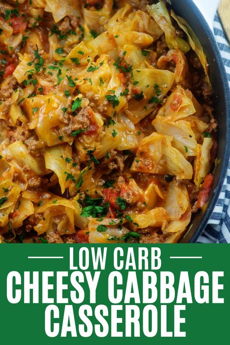 Cabbage casserole in black bowl with blue napkin. Cheesy Cabbage Beef Casserole, Cheeseburger Cabbage Casserole, Low Carb Meals With Cabbage, Cheesy Cabbage Beef Skillet, Low Carb Beef And Cabbage, Keto Hamburger And Cabbage Recipes, Cabbage And Ground Meat Recipes, Low Carb Cheesy Cabbage Casserole, Cheesy Ground Beef And Cabbage Skillet