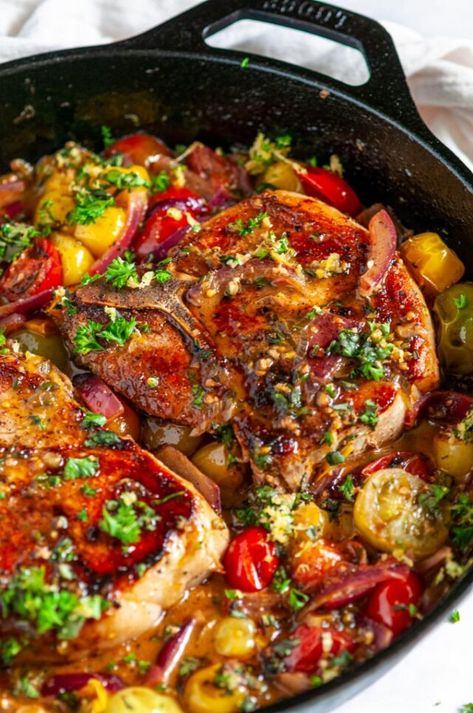 Skillet Balsamic Pork Chops with Tomatoes and Gremolata - Just 20 minutes and one pan is all takes to make this delicious pork chop dish with cherry tomatoes, fresh gremolata and a buttery pan sauce. Gluten free! From aberdeenskitchen.com #skillet #balsamic #tomato #porkchops #gremolata #onepot #onepan #dinner #entree #easter #maincourse #recipe Pork Chop Tomato Recipe, Pork Chops With Tomatoes, Tomato Sauce Recipes, Current Recipes, Balsamic Pork Chops, Pork Chop Dishes, Lamb Sauce, Budget Dinners, Tomatoes Recipes