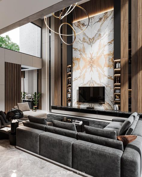 Ruang Tv Modern, Diy Home Decor Fall, High Ceiling Living Room Modern, Living Room Designs Modern Luxury, Living Room Designs Modern, Double Height Living Room, Ruang Tv, Modern Luxury Living Room, Home Quotes