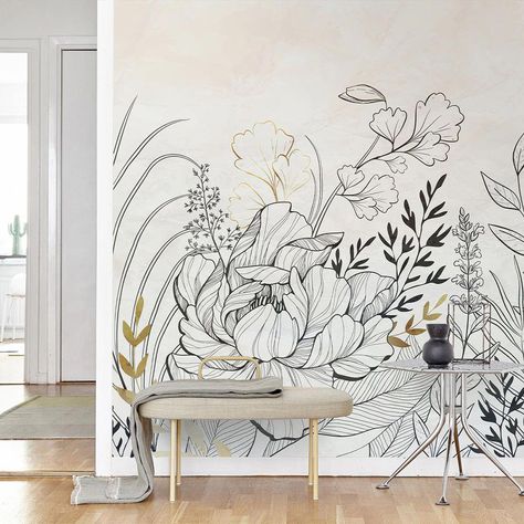 Self Adhesive Temporary Removable Vinyl Wallpaper Or Polyester Fabric Wallpaper with Beige Abstract Flowers Black Line Leaves with Gold Effect lines Modern Design. Great for Bedroom, Living Room, Kitchen, Hallway, Bathroom. Peonies Line Art, Line Art Mural, Gold Flower Wall, Flower Wall Mural, Wall Murals Diy, Kids Room Murals, Modern Mural, Etsy Decor, Murals For Kids