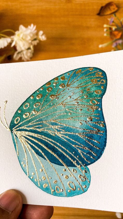 Butterfly Wings Watercolor, Metallic Watercolor Butterfly, Metalic Watercolor Ideas, Gold Butterfly Painting, Metallic Watercolor Painting Ideas, Metallic Watercolor Painting, Butterfly Watercolor Painting, Painting Clipart, Butterflies Clipart