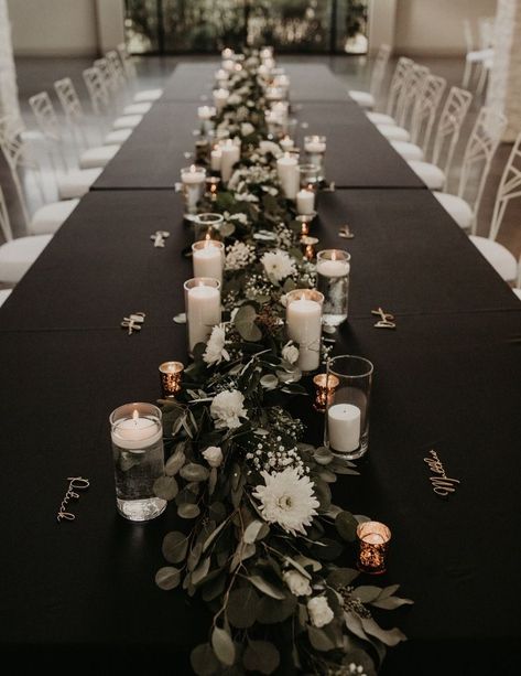 Long Black Table Wedding, Table Set Up For Bachelorette Party, Table Decorations With Black Tablecloths, Black Table With White Flowers, Black Table Centerpieces Wedding, Flowers Laid On Table Wedding, Diy Black Backdrop Ideas, Black Wedding Tables Ideas, Black Long Tables Wedding