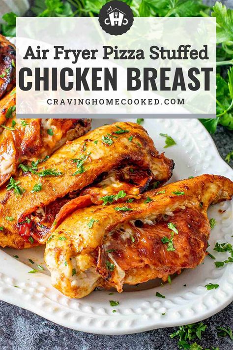 This air fryer Pizza Stuffed Chicken Breast has everything you love about pizza all rolled up into a pepperoni filled cheesy chicken dish! #pizza #stuffedchicken #recipe Air Fryer Pizza Chicken, Air Fryer Pepperoni Chicken, Pepperoni Mozzarella Stuffed Chicken, Air Fryer Pepperoni And Pesto Chicken, Air Fried Stuffed Chicken Breast, Pizza Chicken Breast, Air Fry Stuffed Chicken Breast, Keto Chicken Air Fryer Recipes, Pepperoni Stuffed Chicken Breast