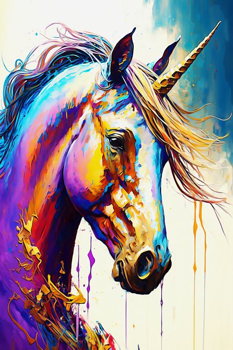 Colorful Unicorn painting by PhotoGravita Art. This animal board is about Animal Paintings: Oil Color, Watercolor, Acrylics. You can find here Colorful Ideas for your Wall Art Design and Wall Art Ideas for your art gallery. It is mural wall art animals for Childrens room or Baby room or your living room. Cute Farm Animals painting and funny ideas. Abstract Watercolour acrylic Paintings of cute animals on canvas and for hanging on your wall Unicorn Graffiti Art, Unicorn Paintings Acrylic, Rainbow Animal Painting, Unicorn Acrylic Painting, Horse Paintings Acrylic, Painting Oil Color, Wall Art Animals, Colorful Animal Paintings, Cute Farm Animals