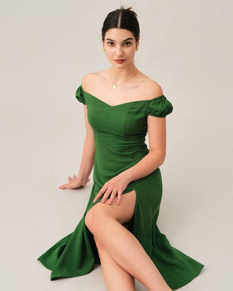 Free shipping on orders over $69. Shop the side split off-shoulder midi dress - green - xs,s,m,l at RIHOAS. Green Dress For Women, Sage Green Dress, Green Sage, Green Dresses, Perfect Wardrobe, Green Midi Dress, Green Emerald, Side Split, Buy One Get One