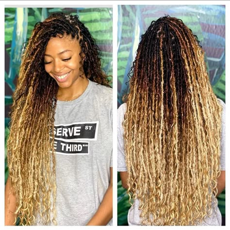 Blonde Faux Locs Styles Goddess, Different Faux Locs, Box Braids Ombre Hair, Goddess Faux Locs Blonde, Blonde Goddess Locs, Island Locs, Faux Locs Blonde, Goddess Faux Locs, Blonde Box Braids