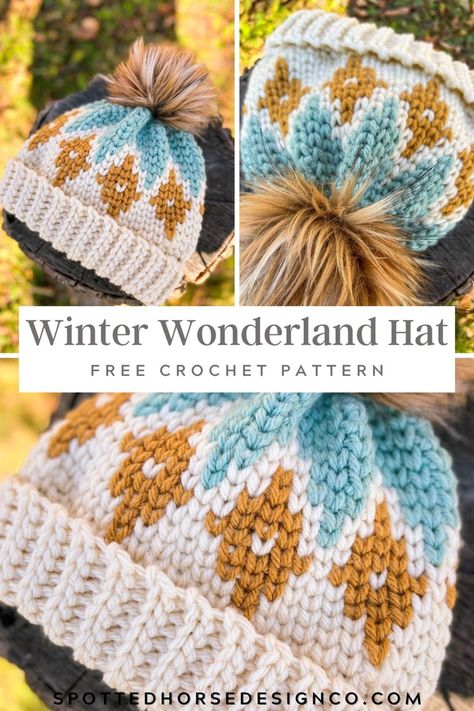 Crochet, winter, hat, free pattern Crochet Winter Beanie Free Pattern, Mosaic Beanie Crochet, Crochet Mountain Hat, Tapestry Crochet Hat Patterns Free, Tapestry Crochet Beanie, Winter Crochet Beanie, Crochet Faux Fur Patterns, 2 Color Crochet Hat, Fair Isle Crochet Hat