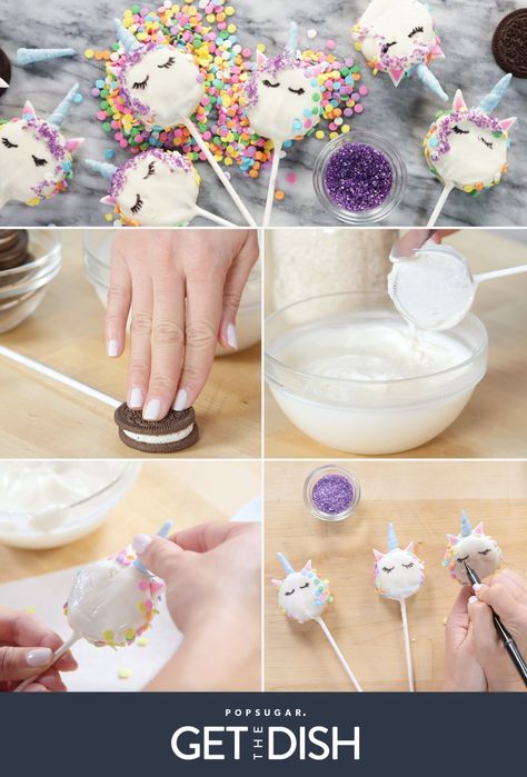 Oreo Unicorn Cookie Pops | POPSUGAR Food Unicorn Cake Pops Diy, Unicorn Pops, Oreo Cake Pops, Chocolate Dipped Oreos, Unicorn Cookies, Birthday Unicorn, Melting White Chocolate, Oreo Pops, Cookie Pops