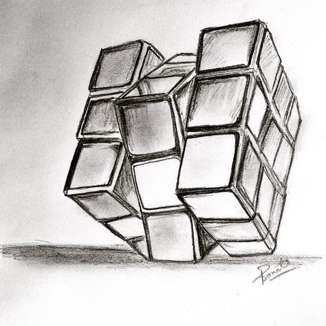 Complex Drawing Ideas, Puzzle Art Drawing, Puzzle Piece Drawing Ideas, Cube Drawing Sketch, Ruby Cube, Geometric Shapes Drawing, Optical Illusion Drawing, Pencil Drawings For Beginners, Pen Art Work