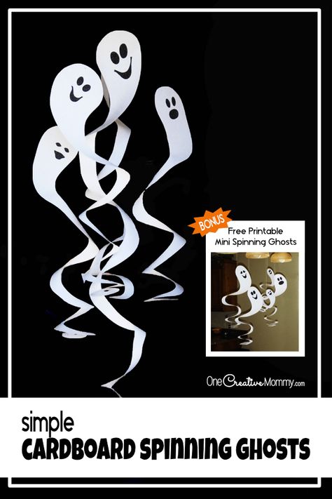 These cardboard spinning ghosts are such a quick and easy idea for the class Halloween party!  Just print the free printables and the kids do the rest. {OneCreativeMommy.com} #halloweenparty #frugal #ghosts Easy Cardboard Spinning Ghosts, Cardboard Spinning Ghosts, Flying Ghost Craft, Hanging Ghost Craft, Spiral Ghost Template, Diy Paper Ghost Decoration, Creative Halloween Treats, Ghost Tutorial, Halloween Classroom Decorations