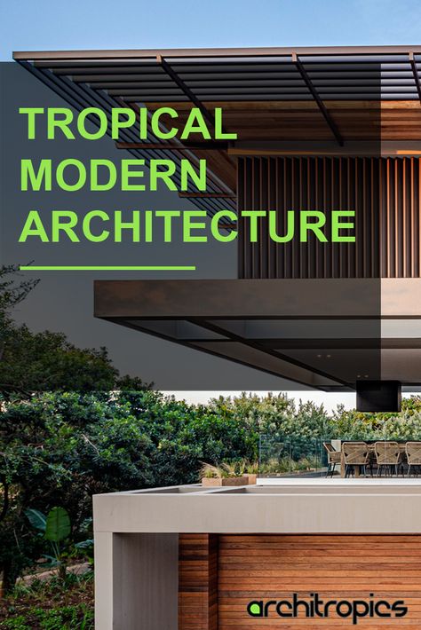 Tropical Modernism is the style of architecture that emulates the minimalist aesthetic of Modern architecture, while responding to the climatic and environmental conditions of the tropics. Like Modernism, it focuses on functionality and avoid forms of ornamentation. It also makes use of techniques required in tropical architecture, such as sun shading and cross ventilation. Luxury Building Architecture, Tropical Modernism Architecture, Tropical Design Architecture, Contemporary Tropical Architecture, Modern Tropical House Exterior, Tropical Minimalist House, Tropical Modern Architecture, Modern Tropical Architecture, Tropical Contemporary House