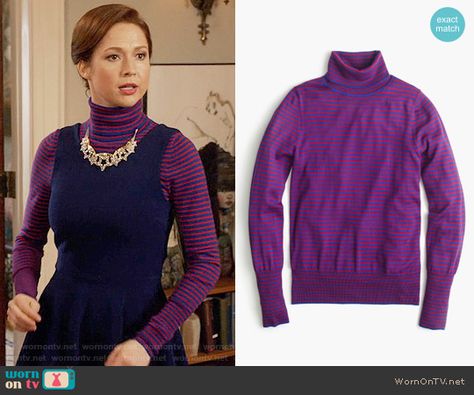 Kimmy's red striped turtleneck on Unbreakable Kimmy Schmidt. Outfit Details: https:// Kimmy Schmidt Outfits, Ellie Kemper, Kimmy Schmidt, Unbreakable Kimmy Schmidt, Striped Turtleneck, Navy Dress, Schmidt, Outfit Details, Fashion Inspo