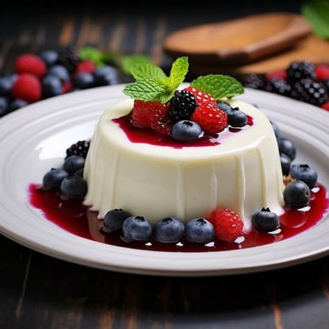 "Panna cotta is a creamy Italian dessert known for its silky texture and delicate flavor. The name \"panna cotta\" translates to \"cooked cream\" in Italian. Its delicate creaminess and ability to harmonize with various flavorings and toppings make it a beloved dessert choice for both casual meals and formal occasions." Italian Sweets, Italian Dessert, Healthy Panna Cotta, Strawberry Panna Cotta Recipe, Vegan Panna Cotta, White Chocolate Panna Cotta, Panna Cotta Natashas Kitchen, Bad Cakes, Studying Food