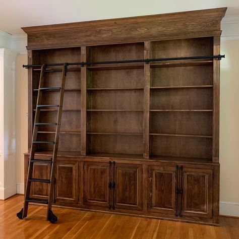 Ladder Library Bookshelves, Antique Built In Bookcase, Walnut Bookcase Built In, Home Library Bookcases, Old Fashioned Bookshelves, Old World Library Room, Victorian Gothic Bookshelf, Built In Library Wall With Ladder, Home Library Chairs