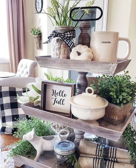 Fall Decor rectangle distress wood tiered tray by Blessed at Home.  So many wonder ides on these trays.  Each layer holds plants, Rae Dunn coffee mug, white pumpkin, Hello Fall sign, vintage dish towels, mason jars filled with corks and a sweet cow creamer. Wood Tiered Tray, Distress Wood, Film Decor, Sweet Cow, Hello Fall Sign, Fall Tiered Tray Decor, Fall Kitchen Decor, Cow Creamer, Fall Sign