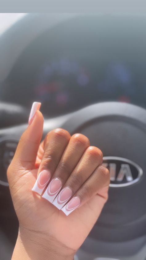 White V French Tip Nails Square, Medium French Acrylics, Negative Space Nails Coffin, Negative Space French Tip Nails, Medium Acrylic Nails French, Short Double French Nails, Short V French Tip Acrylic Nails, Square Nails Ideas Medium French Tip, Double French Nails Square