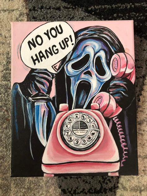 Scream Halloween Painting, Ghost Face Painting Ideas, Scream Ghostface Drawing, Ghostface Painting Canvas, Scary Movie Paintings, Scream Art Ghostface, Painting Ideas On Canvas Big, Movie Paintings Ideas, Scream Painting Ideas