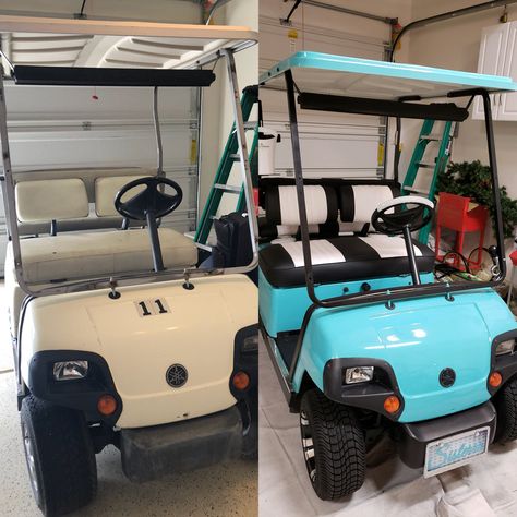 Golf Cart Customization, Club Car Golf Cart Makeover, Golf Cart Color Ideas, Golf Cart Restoration, Golf Cart Makeover Ideas, Golf Cart Remodel, Golf Cart Paint Jobs, Golf Cart Makeover, Golf Cart Decorating Ideas