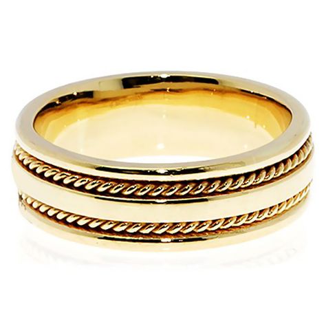 7 mm gold wedding band with two rope accents within and to the side of a center plain band, in a comfort fit and a high polish finish. Handcrafted in your choice of 14k Gold or 18k Gold setting. We also offer a 1-Year Layaway program. You can reach us at 1-888-967-5353 to speak to one of our jewelry specialist. Plain Bands, Detailed Ring, Gold Wedding Band, To Speak, Gold Wedding, Wedding Band, 1 Year, Solid Gold, Wedding Bands