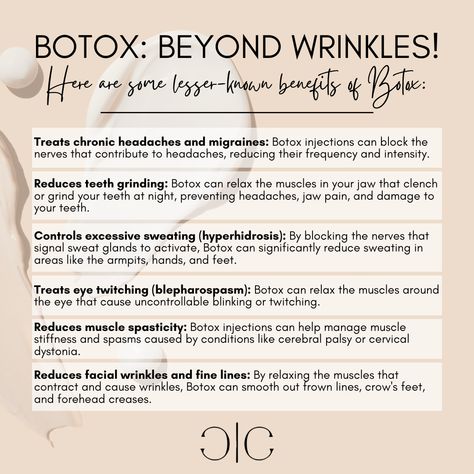 Botox has a surprising number of uses beyond just wrinkle reduction! Here are some lesser-known benefits of Botox   #waterlooontario #waterloolocal #waterloobusiness #ontariobusiness  #botox #botoxinjections #dysport #antiaging #wrinklereduction #toxinfree  #cosmeticinjections #medicalaesthetics #naturallookingresults #boostconfidence #finelinesandwrinkles #smoothskin #preventivebotox Botox Benefits, Botox Units, Eye Twitching, Headache Prevention, Jaw Pain, Cosmetic Injectables, Ultrasonic Cavitation, Botox Injections, Wrinkle Reduction