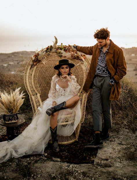 Fashion-Forward Elopement Inspiration with all the Pampas Grass Decor | Green Wedding Shoes Wedding 70s Style, Bohemian Photoshoot, Santorini Elopement, Boho Photoshoot, Peacock Chair, Pampas Grass Decor, Grass Decor, Grass Wedding, Rock N Roll Bride