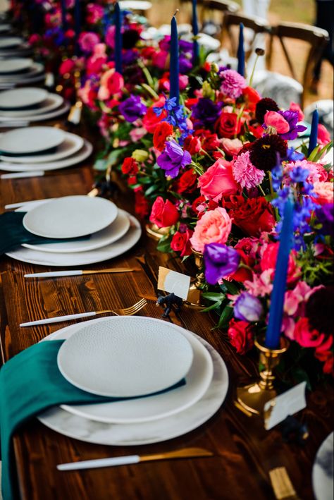 Bright colored table setting Jewel toned Photo by Charleton Churchill Jewel Tone Outdoor Wedding, Jewel Tone Bridal Shower Decor, Gem Wedding Colors, Jeweled Tone Wedding, Gemstone Wedding Theme, Bright Spring Wedding, Jewel Tone Wedding Theme, Teal Wedding Colors, Magenta Wedding