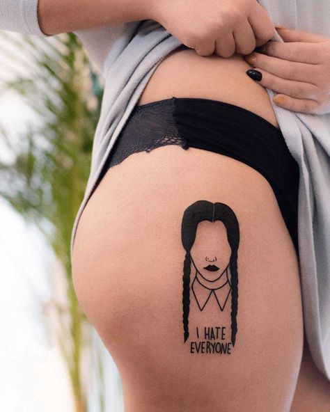 Wednesday Addams ️by Dżudi Bazgrole inked on the right hip Small Wednesday Addams Tattoo, Wednesday Tattoo Addams, Wednesday Addams Tattoo Ideas, Wednesday Tattoo, Wednesday Addams Tattoo, Related Tattoos, Cage Tattoos, Belly Tattoos, Ribcage Tattoo