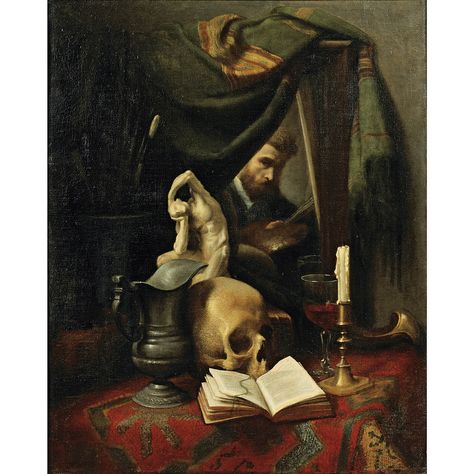 Gustave-Victor Cousin - vanity and selfportrait (1836-94) Cezanne Still Life, Collections Of Objects, Reading Art, Skull Painting, A Skull, Painting Studio, Male Portrait, Old Master, Memento Mori