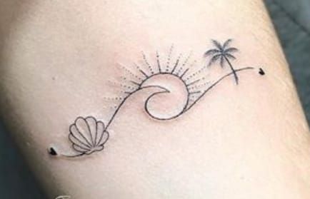 Hawaii Tattoo Ideas For Women, Hawaii Inspired Tattoos Simple, Matching Beach Tattoos Best Friends, Tattoo Ideas Female Beach, Beach Ankle Tattoo, Beach Theme Tattoos Women, Beach Wave Tattoo Ideas, Matching Beach Tattoo, Cruise Tattoo Ideas