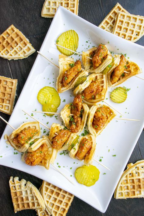 Chicken And Waffles Appetizer, Waffle Skewers, Chicken And Waffle Sliders, Maple Sauce, Waffle Sliders, Chicken Waffles, Sweet And Spicy Chicken, Fluffy Waffles, Making Dinner