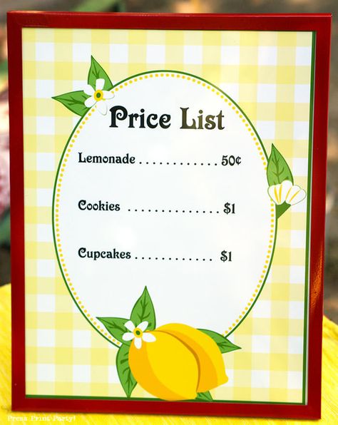 FREE Lemonade Stand Printables - Get lemonade stand ideas and some free printable decorations with a sign, price list, labels for treats, cupcake wrappers, banner, food labels. Great for a DIY lemon birthday party for kids or summer party idea. Easy to make. #partyideas #printables #freeprintables #lemonade by Press Print Party! Lemonade Stand Printables, Lemonade Birthday Party, Kids Lemonade Stands, Lemonade Stand Sign, Summer Kids Party, Diy Lemonade Stand, Kids Lemonade, Diy Lemonade, Lemonade Stands