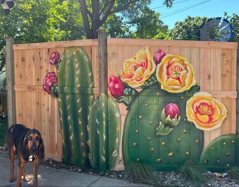 Cactus Window Painting, Garden Fence Mural, Outdoor Mural Ideas Backyards, Painted Shed Mural, Desert Mural Wall, Southwest Mural, Outdoor Murals Backyards, Shed Murals Outdoor, Fence Mural Ideas Backyards