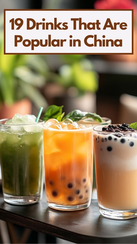 Image showing a variety of popular Chinese drinks, including traditional green tea, oolong tea, bubble tea with tapioca pearls, and a glass of baijiu. The drinks are arranged on a table with a modern setting, reflecting the cultural diversity and flavors of China's beverage offerings. Chinese Drinks Traditional, Chinese Alcoholic Drinks, Asian Drinks Non Alcoholic, Chinese Drinks Non Alcoholic, Asian Drink Recipes, Chinese Drinks, Unique Beverages, Asian Drink, Chinese Drink