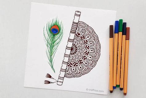 Easy Janmashtami special Mandala art with Flute and peacock feather. Janmashtami Mandala Art Easy, Janmashtami Drawing Mandala, Flute Mandala Art, Mandala Art Tutorial, Flute Drawing, Art Tutorial For Beginners, Janmashtami Special, Half Mandala, Mind Map Design