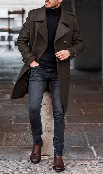 Men's Classy Outfits, Mens Winter Smart Casual, Mens Dressy Casual Outfit Winter, New York Man Style, Black Trench Coat Outfit Men Casual, Male Coat Outfit, Sophisticated Mens Fashion, Trench Coat Fall Outfit, Men Coat Outfit Casual