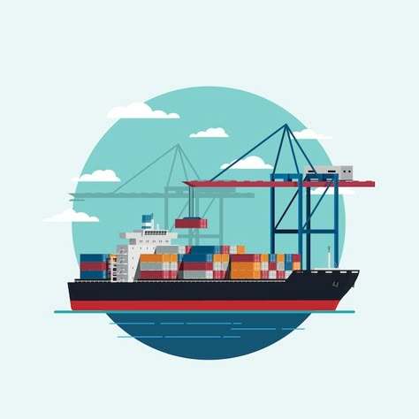 Cargo logistics being loaded container s... | Premium Vector #Freepik #vector #sea-freight #container-ship #port #container Cargo Ship Illustration, Ship Clip Art, Factory Illustration, Cargo Logistics, Moving Containers, Container Shipping, Freight Transport, Sea Containers, Sea Port