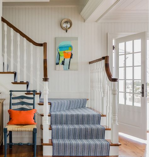 Wool Stair Runner. Wool Stair Runner Ideas. The 100% wool stair runner is Joella by Stark Carpet.  #Wool #Stair #Runner Navy Stairs, Stair Runners Ideas, Warm Dining Room, Stairs Runner, Claire Desjardins, Home Bunch, Stair Decor, Modern Stairs, Coastal Living Rooms