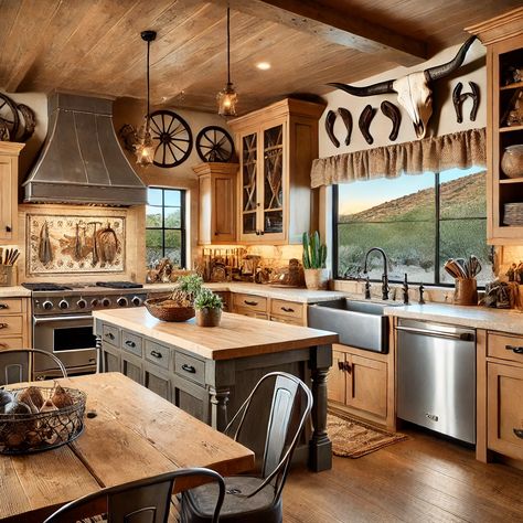 Cook up a storm in this warm and welcoming kitchen with wooden cabinets, a farmhouse sink, and Western decor. The window offers a scenic view of the surrounding countryside. #RanchKitchen #RusticCooking #WesternStyle #ProdigyRealEstate Western House Kitchen, Western Island Kitchen, Ranch House Decor Kitchen, Western Ranch Kitchen, Country Western Kitchen, South Western Kitchen, Western Theme Kitchen, Rustic Ranch Kitchen, Western Boho Kitchen