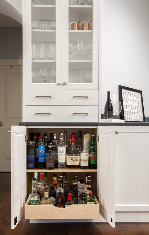 Pull Out Liquor Shelf, Liquor Cabinet In Kitchen, Kitchen Liquor Cabinet Ideas, Liquor Cabinet Organization, Bar Cabinet Organization, Liquor Bottle Storage, Dining Room Built In Buffet, Liquor Cabinet Ideas, Bottles Of Liquor