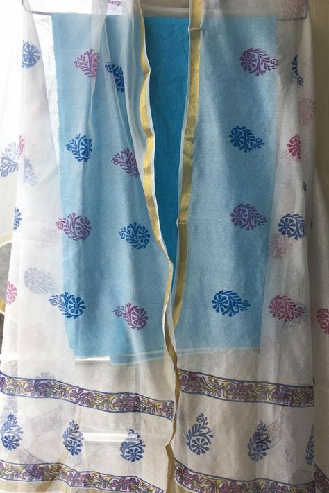 Tri color hand  block print on border with blue and pink floral print all over on chanderi dupatta #nayaabkala#handblockprint#dupatta#chanderi#ladies#white#blue#pink#yellow#floralprint.  CAN BE CUSTOMIZED Block Printing Dupatta Designs, Block Print Dupatta Designs, Block Print Dupatta, Giraffe Crafts, Printed Bedsheets, Dupatta Designs, Chanderi Dupatta, Pink Floral Print, Hand Block Print