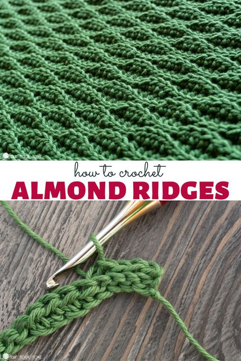 Immerse yourself in the art of crochet with the Almond Ridges stitch. This unique stitch, renowned for its wavy ridges, is easy to learn with our comprehensive video tutorial. With a simple four-row sequence, you can add this stitch to your crochet skills and create beautiful, textured pieces. Visit HeartHookHome.com today to learn more and start crafting! Almond Crochet Pattern, Almond Stitch Crochet Blanket, Crochet Basketweave Stitch Tutorial, Almond Ridges Crochet Stitch, Crochet Almond Stitch, Almond Stitch Crochet, Advanced Crochet Stitches Free, Special Crochet Stitches, New Crochet Stitches