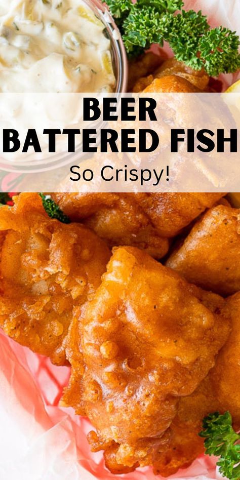 This Crispy Beer Batter Fish Recipe is made with basic ingredients and creates a crunchy coating around flaky, tender white fish! Fried fish is great with homemade Tartar Sauce or used to make crispy fish tacos! Beer Batter Fish Recipe, Batter Fish Recipe, Crispy Fish Batter, Fish And Chips Batter, Beer Batter Fish, Fried Fish Batter, Crispy Fish Tacos, Beer Battered Fish Recipes, Fish Batter