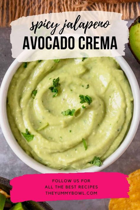 Silky smooth, fluffy and bright green avocado crema will brighten any dish. Made with a little spicy addition of jalapenos is perfect to top your favorite Mexican dishes, use as a dipping sauce for taco night or add it to your favorite taco salads. Spicy Avocado Crema, Avocado Jalapeno Crema, Spicy Avocado Sauce, Avocado Jalapeño Dip, Avocado Hot Sauce, Avocado Jalapeno Sauce, Avocado Jalapeno Dip, Guacamole Crema, Jalapeno Crema