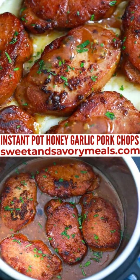 Instant Pot Honey Garlic Pork Chops are incredibly juicy and tender, perfectly soaked in the most delicious honey garlic sauce. #porkchops #instantpot #dinner #sweetandsavorymeals Instant Pork Chops, Instapot Pork Chop Recipe, Pork Chop Recipes Pressure Cooker, Pork In The Instant Pot, Easy Pork Chop Recipes Instant Pot, Pork Chops Pressure Cooker, Pork Chops Pressure Cooker Recipes, Tender Pork Chops Instant Pot, Garlic Pork