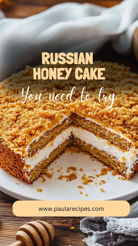 Experience the sweetness of tradition with Medovik—a decadent honey cake with velvety cream layers that melt in your mouth! 🍯✨ #MedovikCake #RussianSweets #HoneyLovers #CreamyDelight #DessertTime #TraditionInEveryBite #SweetTreats #LayeredPerfection #BakedBliss #HoneyDessert Russian Honey Cake, Sour Cream Frosting, Honey Dessert, Soda Cake, Russian Cakes, Sponge Cake Recipes, Cake Layers, Honey Cake, Cream Filling