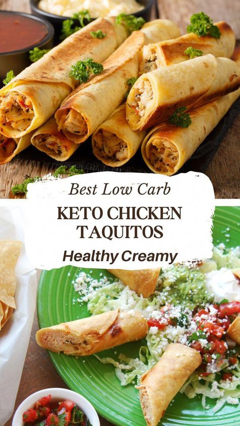 Keto Chicken Taquitos - These low carb chicken taquitos are made with leftover shredded or rotisserie chicken, lots of cheese, rolled in a low carb tortilla, and fried until crispy. #EasyLowCarbRecipes Keto Taquitos Chicken, Keto Recipes With Low Carb Tortillas, Low Carb Taquitos Chicken, Low Carb Chicken Roll Ups, Low Carb Chicken Taquitos, Low Carb Tortilla Roll Ups, Low Carb Tortilla Wraps, Low Carb Chicken Burritos, Rotisserie Chicken Recipes Leftover Low Carb