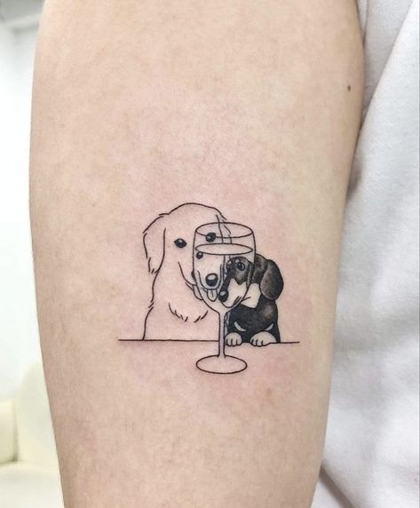 Unusual Tattoos, Wine Glass Tattoo, Wine Tattoo, Puppy Tattoo, Cute Animal Tattoos, Dachshund Tattoo, Unusual Tattoo, Colorful Hairstyles, Single Needle Tattoo