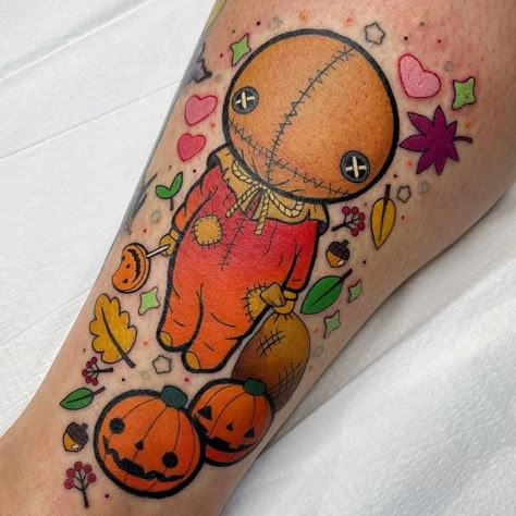 Trick R Treat Tattoo Ideas, Trick Or Treat Nails Sam, Trick R Treat Makeup, Sam Trick R Treat Makeup, Sam Trick R Treat Tattoo, Trick Or Treat Tattoo, Trick R Treat Tattoo, Sam From Trick Or Treat, Fall Inspired Tattoos